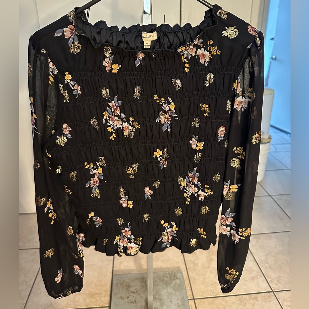 WHIT Black Floral Smocked Blouse